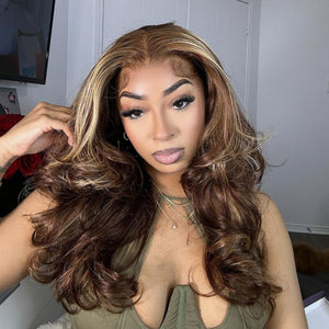 Layered Brown With Blonde Highlights Wavy 13x4 Lace Front Wig