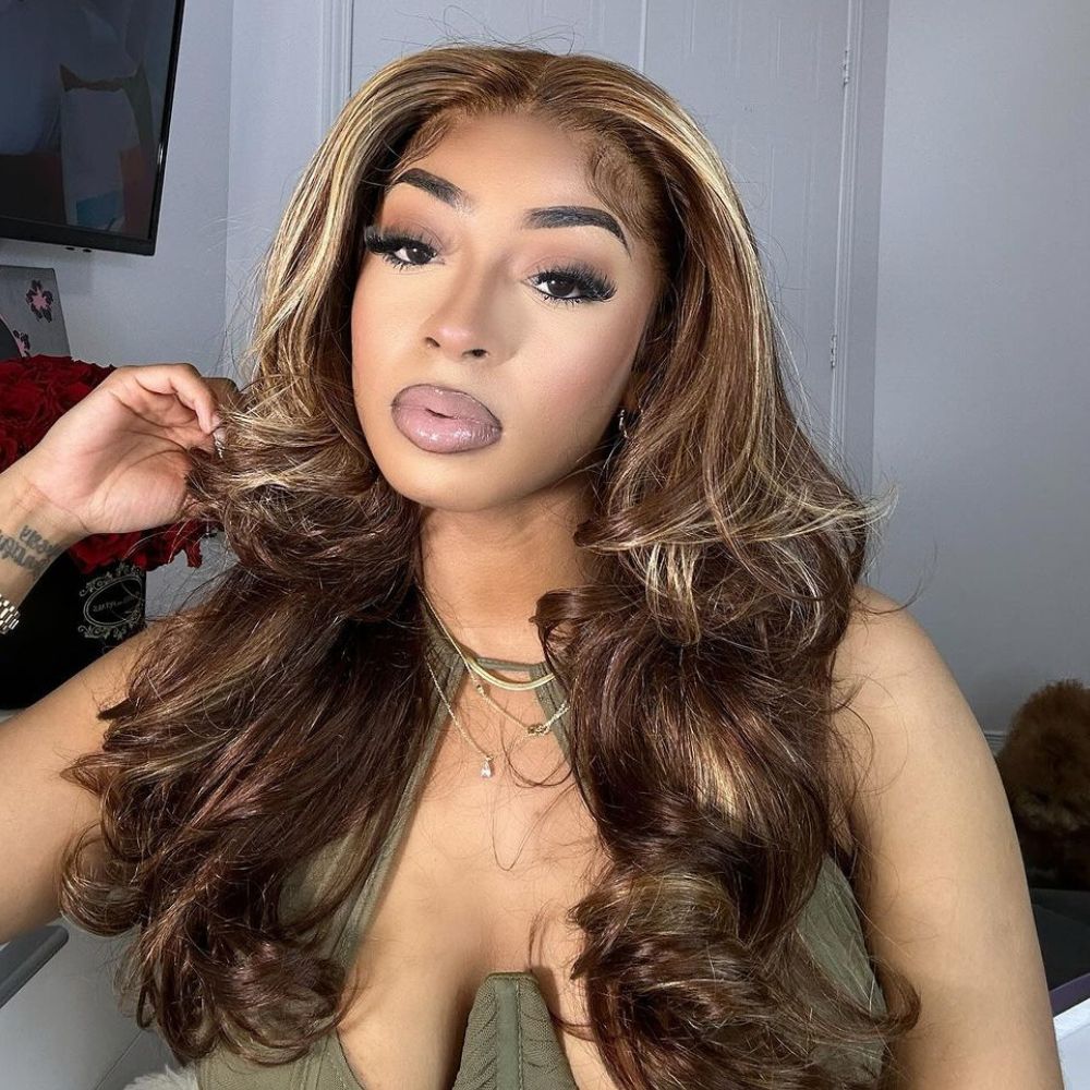 Layered Brown With Blonde Highlights Wavy 13x4 Lace Front Wig