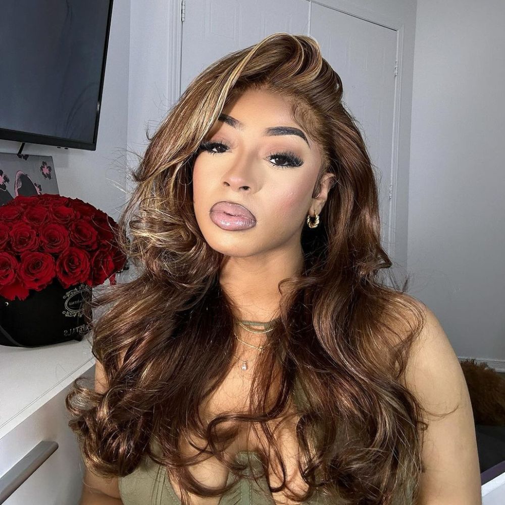 Layered Brown With Blonde Highlights Wavy 13x4 Lace Front Wig