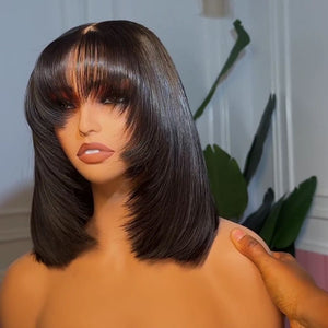 Best Beginner Staight Layered Cut Glueless Bob Wig With Bang