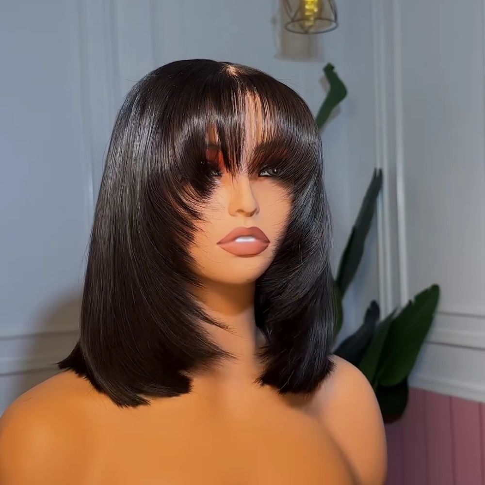 Best Beginner Staight Layered Cut Glueless Bob Wig With Bang