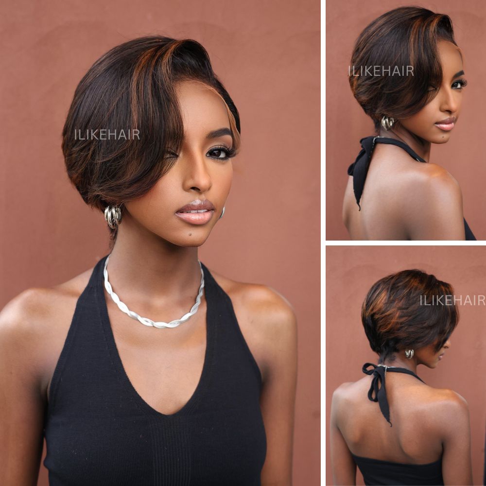 Boss Lady Brown Highlights Layered Pixie Cuts  13x4 Lace Front Wig