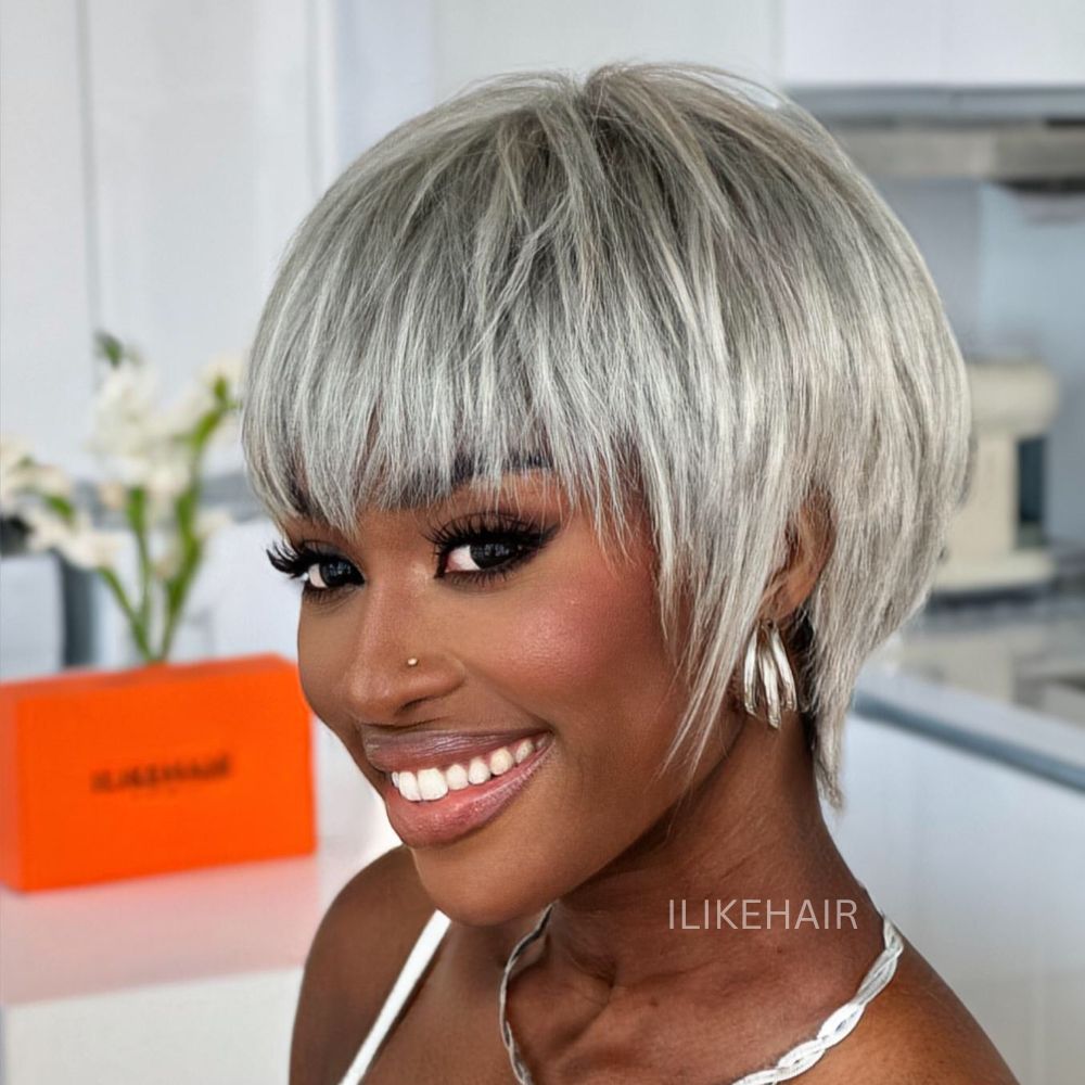 Ash Grey Layered Pixie Cut Glueless Human Hair Wig With Bangs