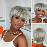 Ash Grey Layered Pixie Cut Glueless Human Hair Wig With Bangs