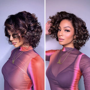 Short Bouncy Loose Curly With Blonde Highlights Lace Frontal Wig