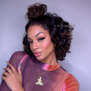 Short Bouncy Loose Curly With Blonde Highlights Lace Frontal Wig