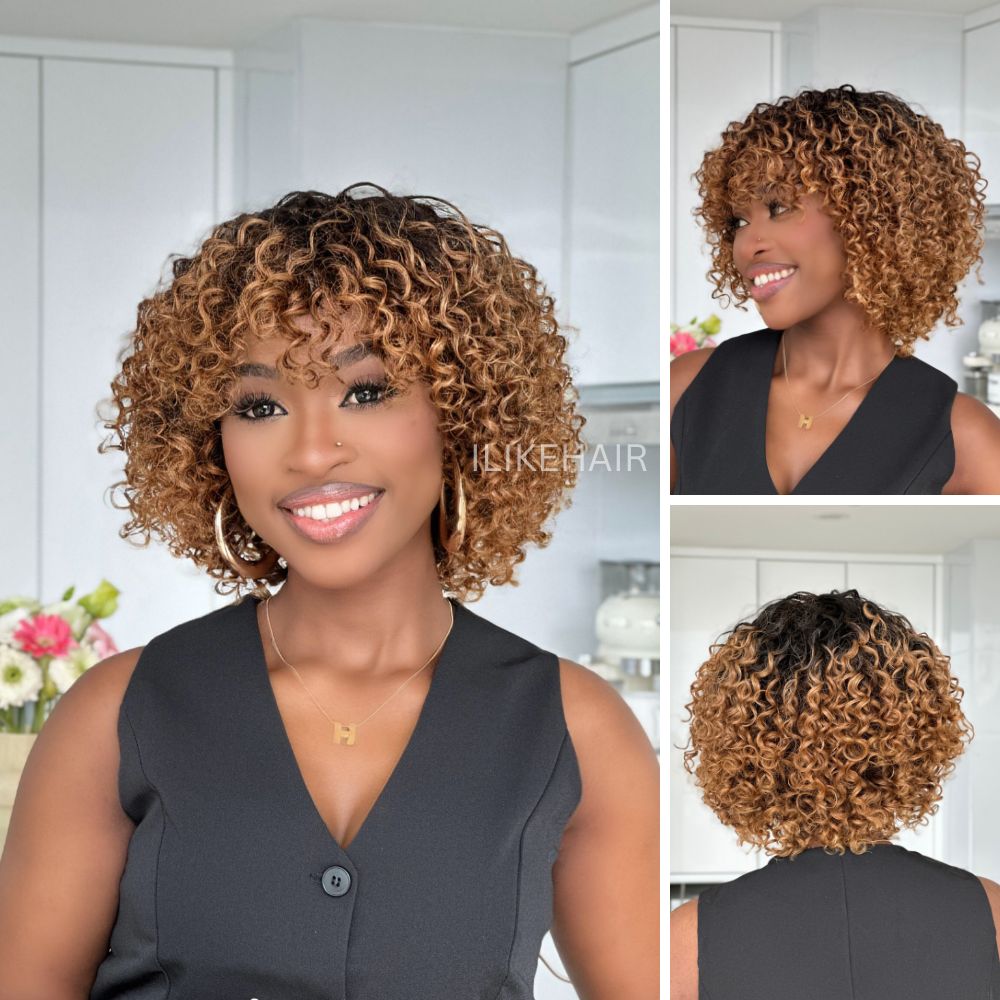 Glueless Ombre Dark Blonde Short Brazilian Curly Wig