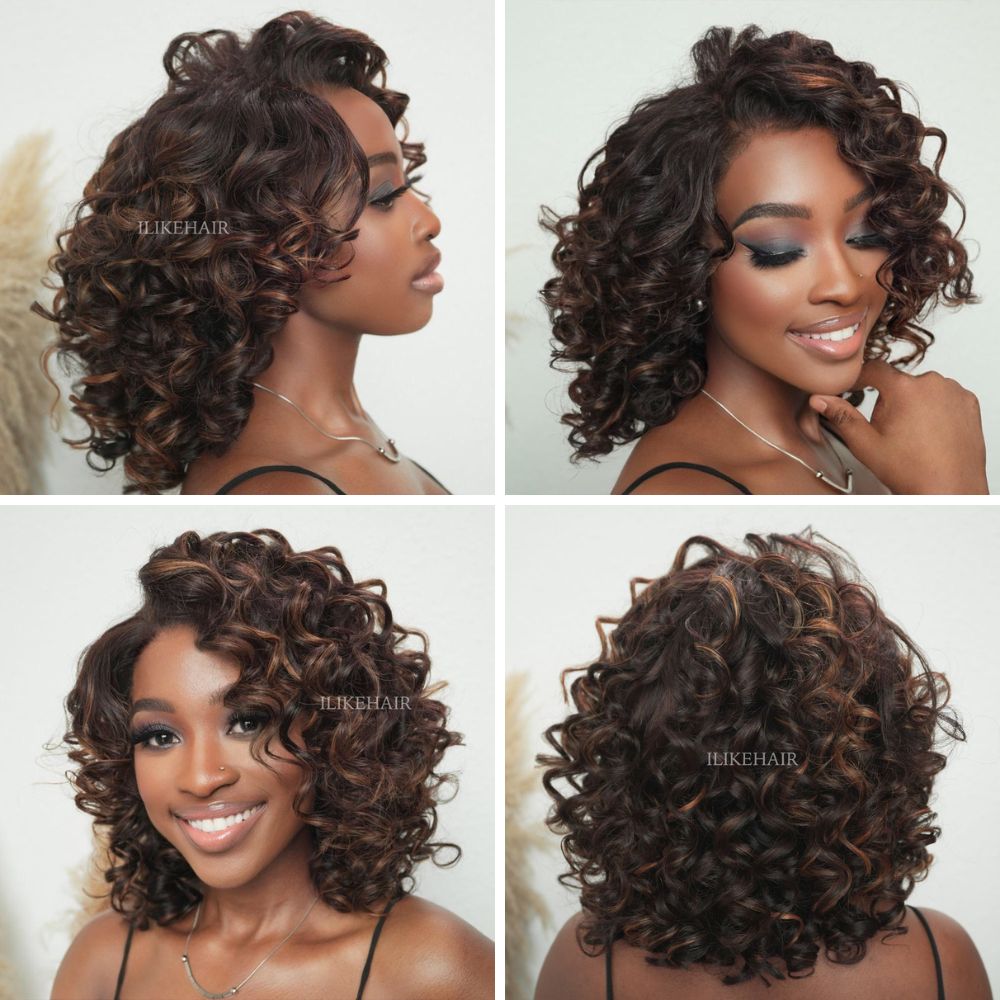 Glueless Short Bob Bouncy Loose Curly Blonde Highlight Lace Front Wig