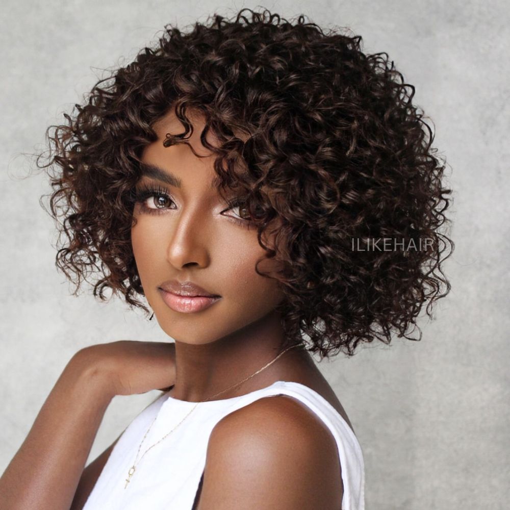 Glueless Dark Brown Short Curly Bob Lace Closure Wig