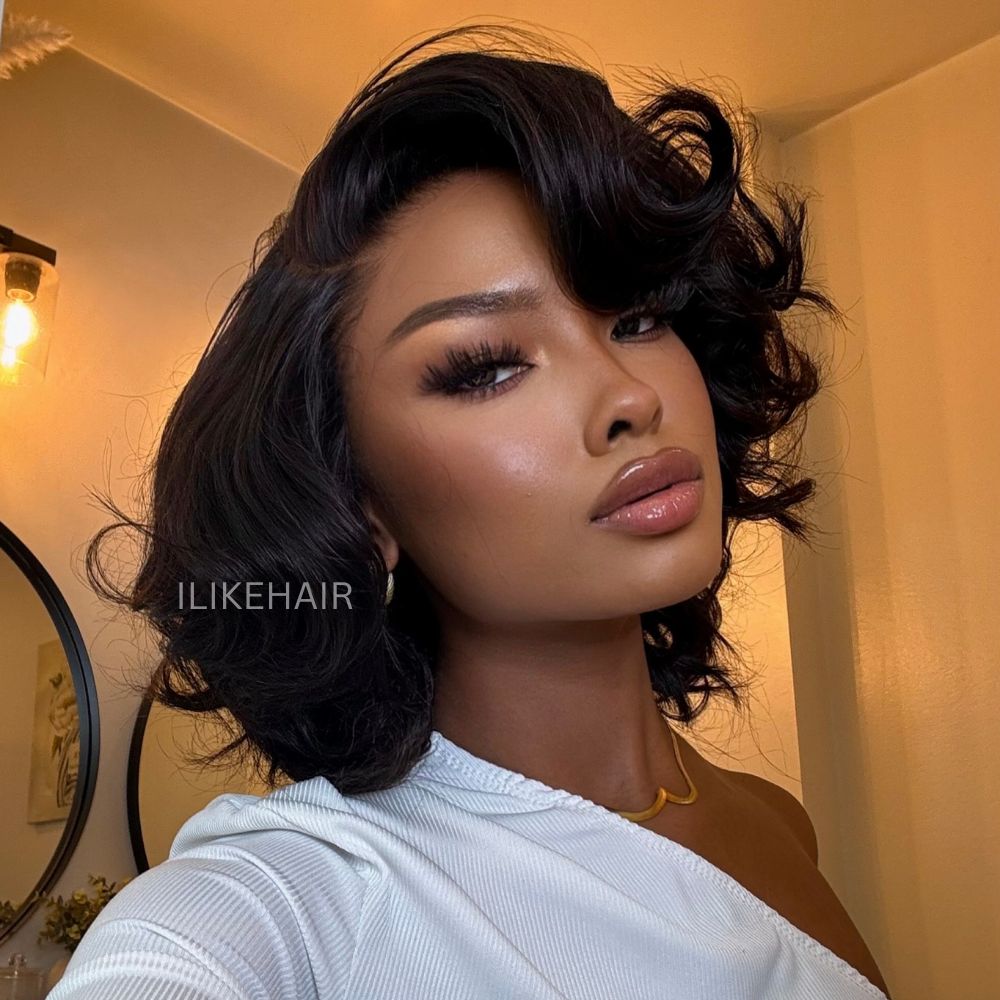 Fluffy Natural Black Layered Bob 5x5 Lace Closure Wig