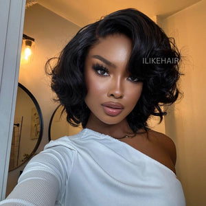 Fluffy Natural Black Layered Bob 5x5 Lace Closure Wig