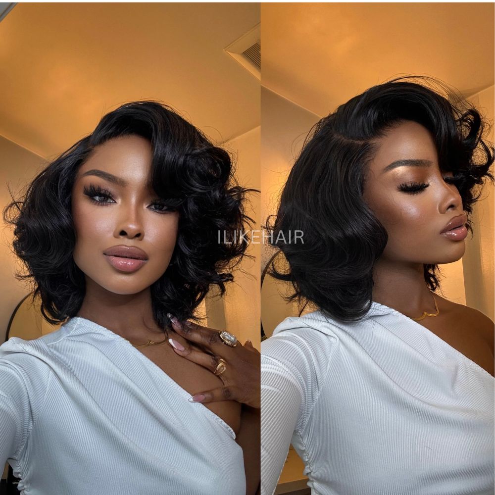 Fluffy Natural Black Layered Bob 5x5 Lace Closure Wig