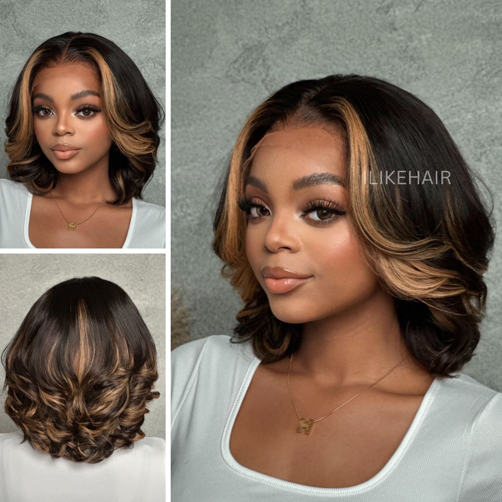 Blonde Highlights Layered Wavy Bob Lace Wig