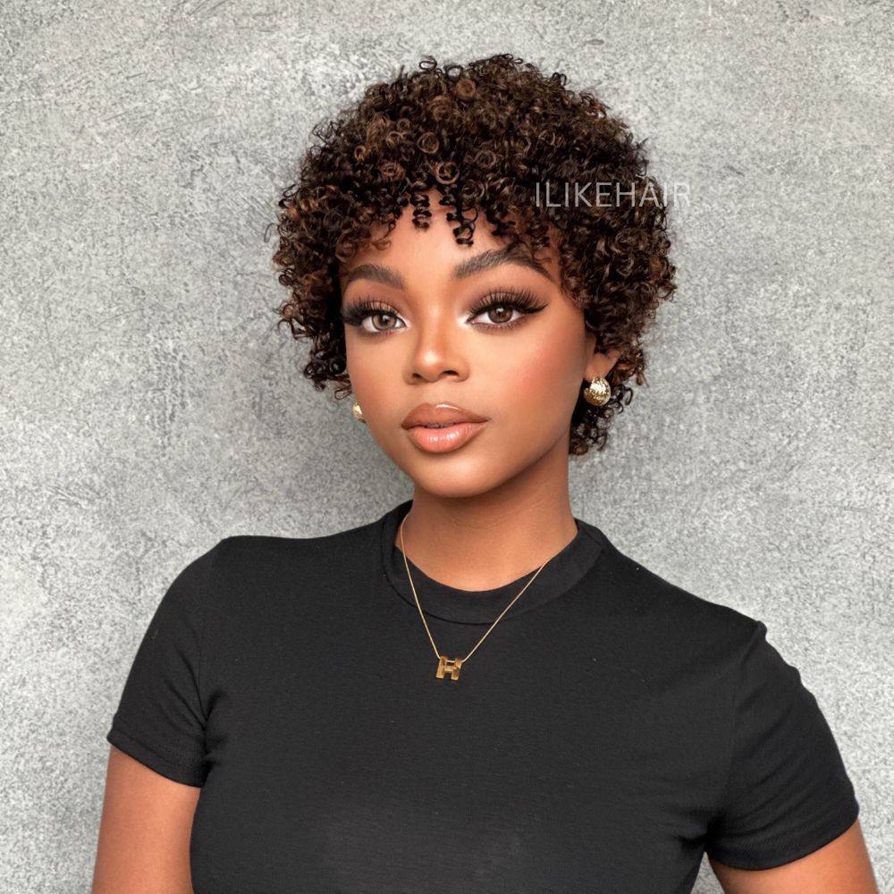 Put on & Go Highlight P2/27 Short Afro Curly Wig With Bangs