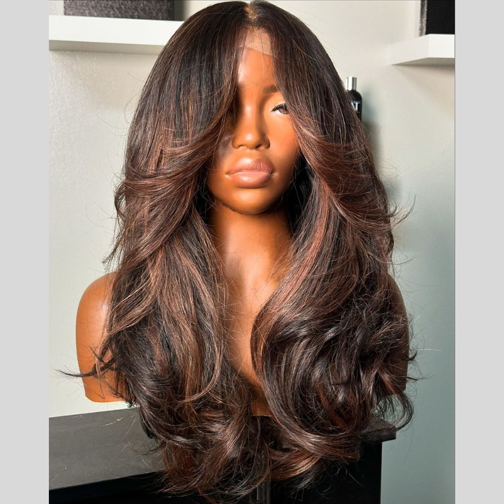 Black with Auburn Highlights Body Wave Lace Closure Wig