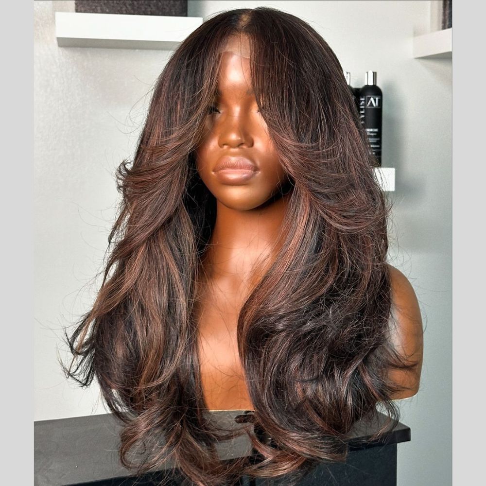 Black with Auburn Highlights Body Wave Lace Closure Wig