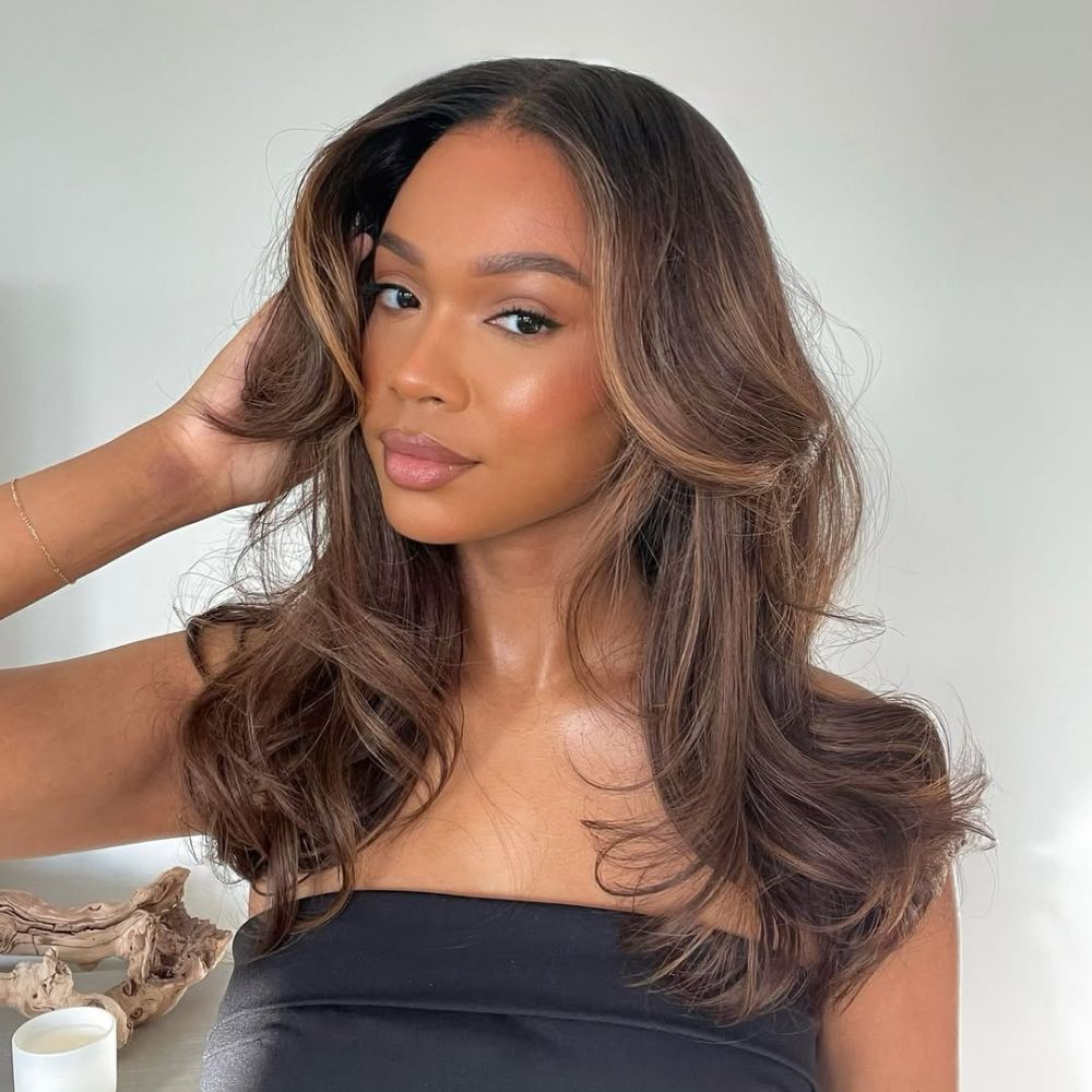 Face-Framing Brown Highlights Wavy 13x4 Lace Front Wig