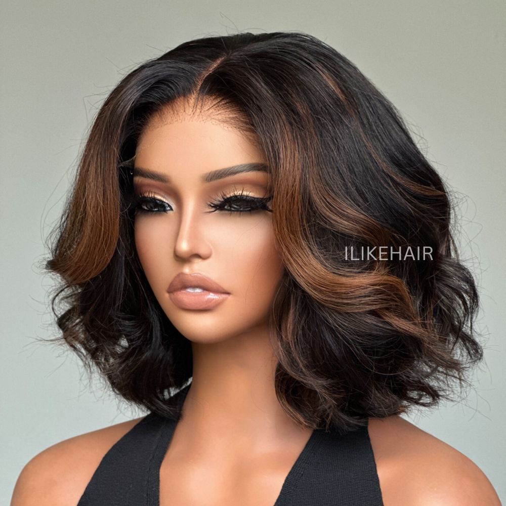 Mix Brown Highlights Layered Cut Wavy Bob Lace Wig