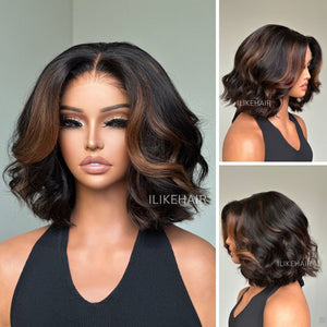 Mix Brown Highlights Layered Cut Wavy Bob Lace Wig