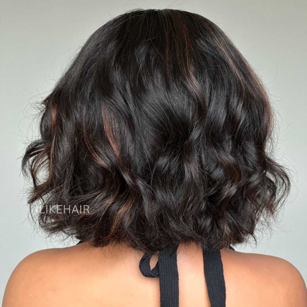 Mix Brown Highlights Layered Cut Wavy Bob Lace Wig