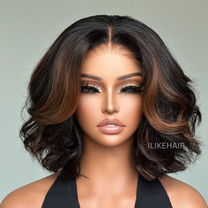 Mix Brown Highlights Layered Cut Wavy Bob Lace Wig