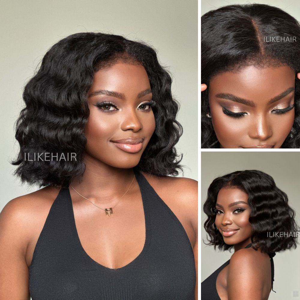 Put on & Go Short Wavy Kinky Edges Bob Pre Cut HD Lace Wig