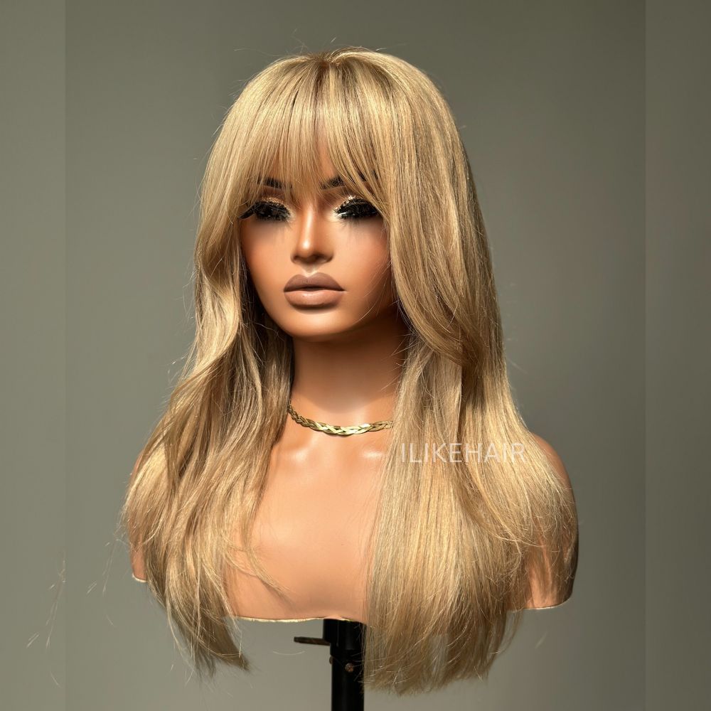 Ash Honey Blonde Layered Cut 13x4 Lace Front Wig With Bangs