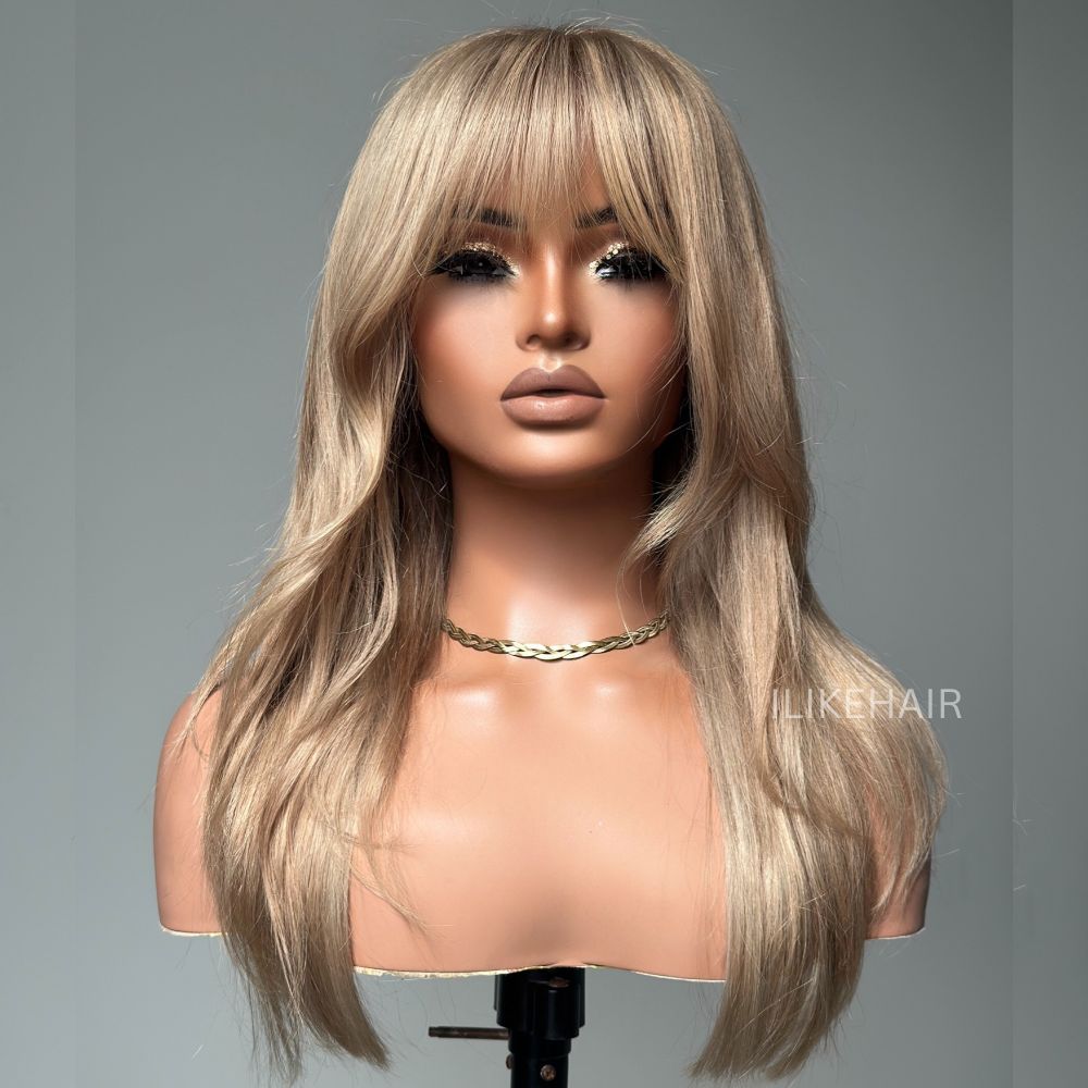 Ash Honey Blonde Layered Cut 13x4 Lace Front Wig With Bangs