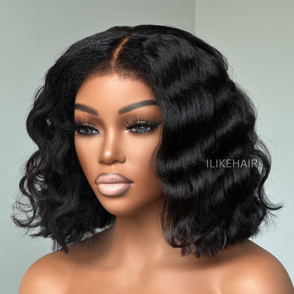 Put on & Go Short Wavy Kinky Edges Bob Pre Cut HD Lace Wig