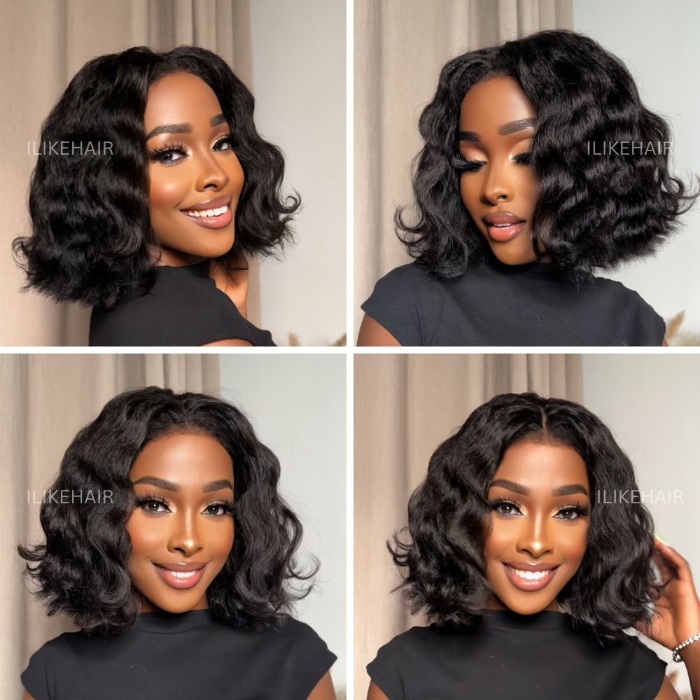 Put on & Go Short Wavy Kinky Edges Bob Pre Cut HD Lace Wig