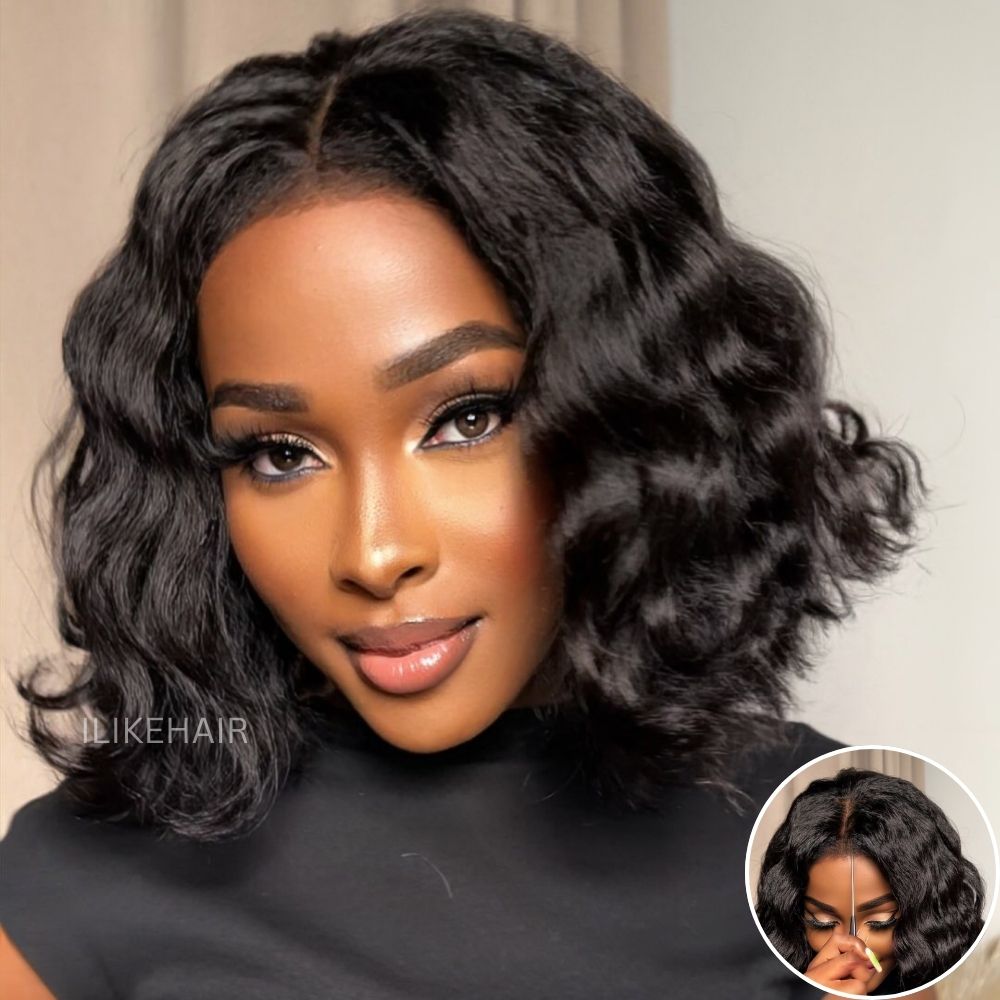 Put on & Go Short Wavy Kinky Edges Bob Pre Cut HD Lace Wig