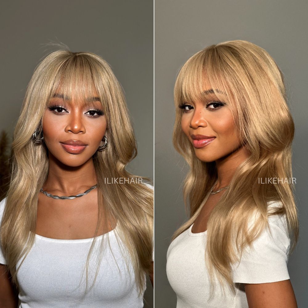 Ash Honey Blonde Layered Cut 13x4 Lace Front Wig With Bangs