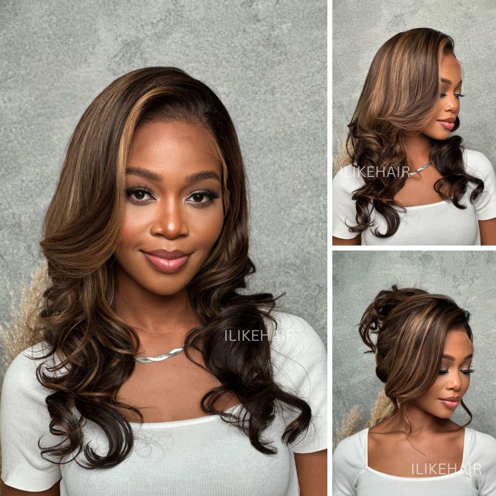 Blonde Highlight With Dark Brown Layered Wavy Lace Wig