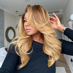 Blonde With Brown Highlight Wavy Layered Cut 13x4 Frontal Lace Wig