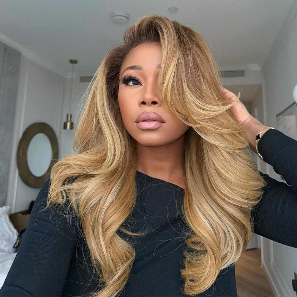 Blonde With Brown Highlight Wavy Layered Cut 13x4 Frontal Lace Wig