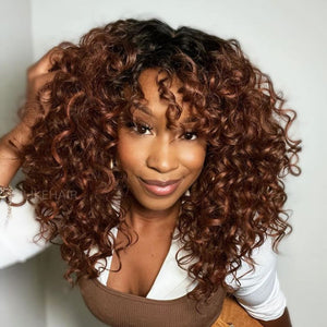 Glueless Ginger Brown Dark Root Curly  Wig With Bangs