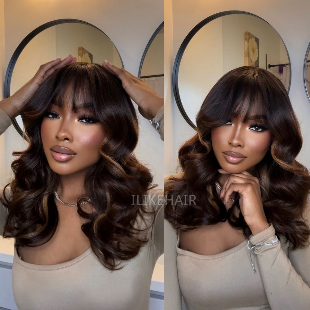 Ombre Chestnut Brown Highlights Curtain Bangs with Layered Cut Wavy 5x5 Lace Closure Wig