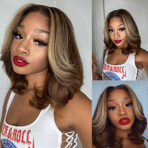 
            
                Load image into Gallery viewer, Short Ombre Chocolate Brown with Blonde Highlights 13x4 Lace Front Wig Human Hair
            
        