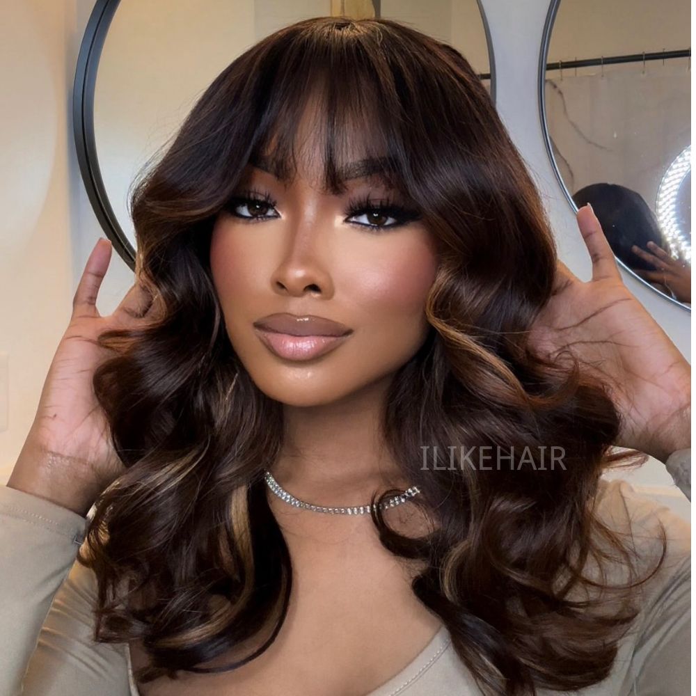 Ombre Chestnut Brown Highlights Curtain Bangs with Layered Cut Wavy 5x5 Lace Closure Wig