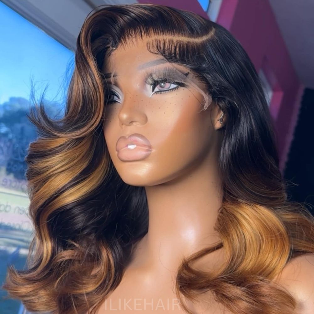 
            
                Load image into Gallery viewer, Brown Highlight Body Wave 13x4 Lace Front Wig With Side Bang
            
        