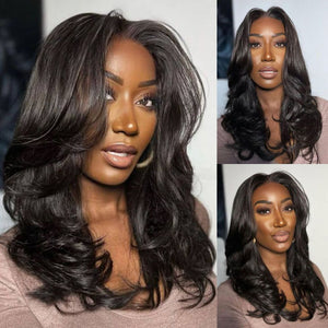 Layered Cut Wavy Human Hair Lace Front Wig With Butterfly Bangs
