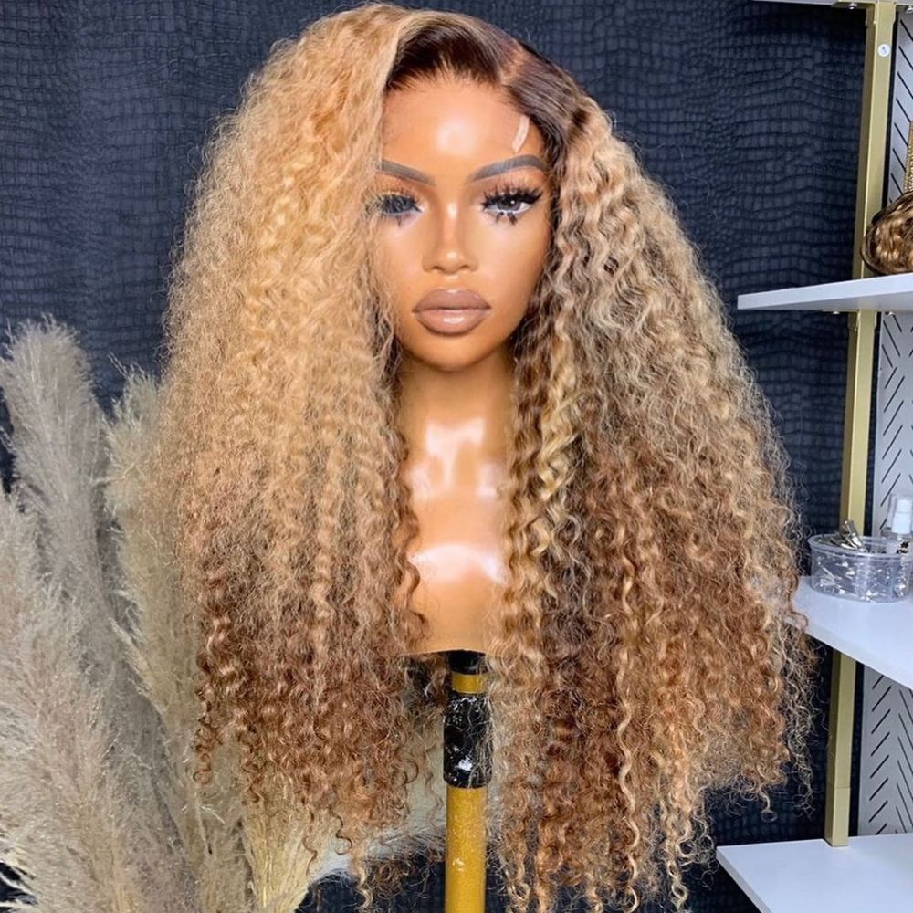 Ombre Honey Blonde Highlight Curly 5x5 Closure Wig With Brown Roots Glueless Wig Human Hair
