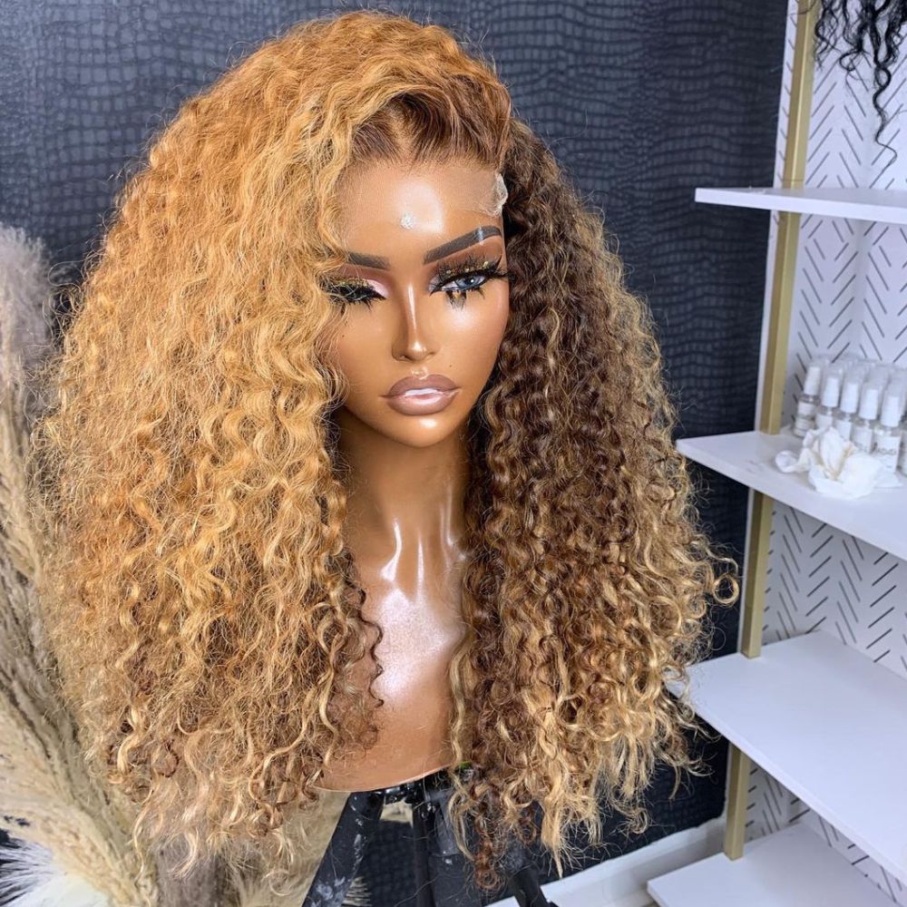 Ombre Honey Blonde Highlight Curly 5x5 Closure Wig With Brown Roots Glueless Wig Human Hair