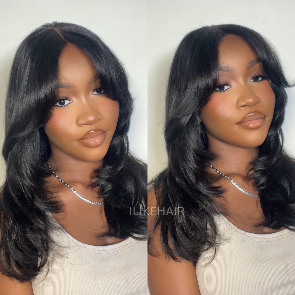 
            
                Load image into Gallery viewer, Wear &amp;amp; Go Layered Wavy Curtain Bangs 4x4 Pre Cut Lace Closure Wig
            
        