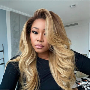 Blonde With Brown Highlight Wavy Layered Cut 13x4 Frontal Lace Wig