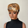 Short Honey Blonde Brown Highlight Bangs Wig Remy Hair