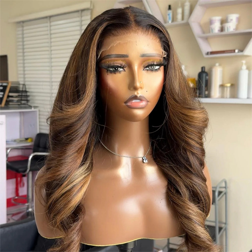 Blonde Mix Brown Highlight Body Wave Lace Human Hair Wig