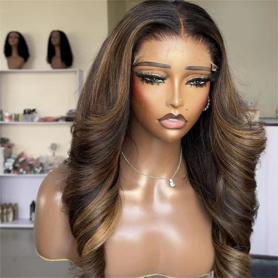 Blonde Mix Brown Highlight Body Wave Lace Human Hair Wig