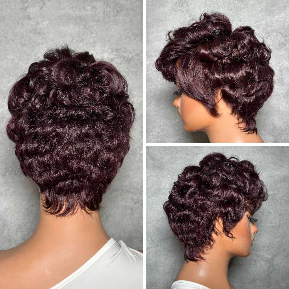 Full Lace Dark Burgundy Pixie Cut Wig 100% Human Hair