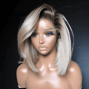 613 Ombre Ash Blonde Balayage Layered Cut Bob With Dark Root 13x4 Lace Front Wig